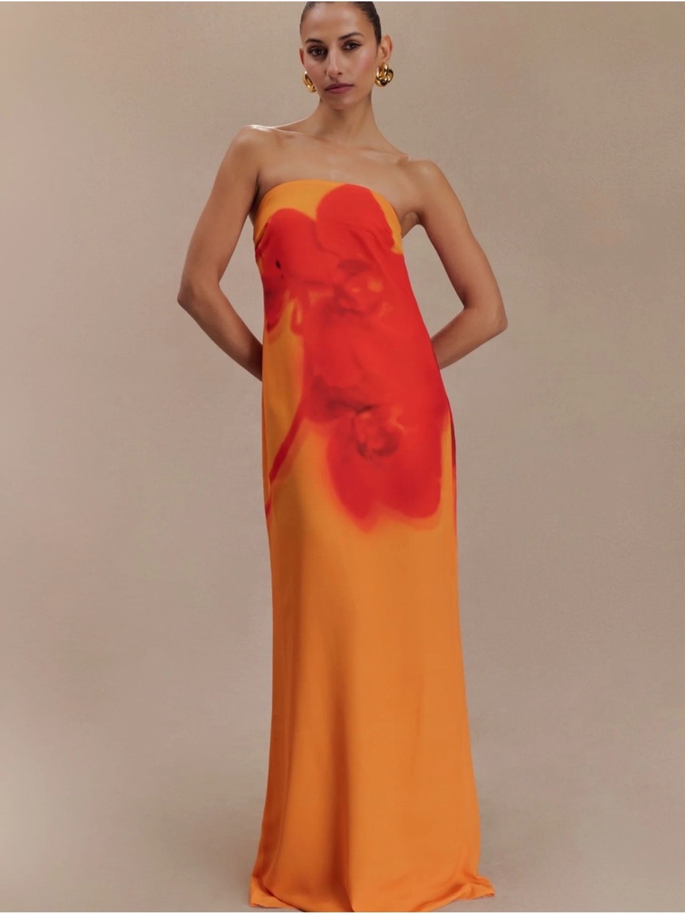 Strapless Orange and Red Floral Evening Gown